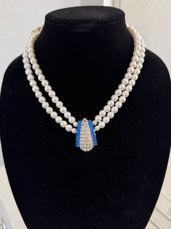 Jewelry - Vintage Double Strand Faux Pearl & Sapphire Blue Rhinestone Necklace